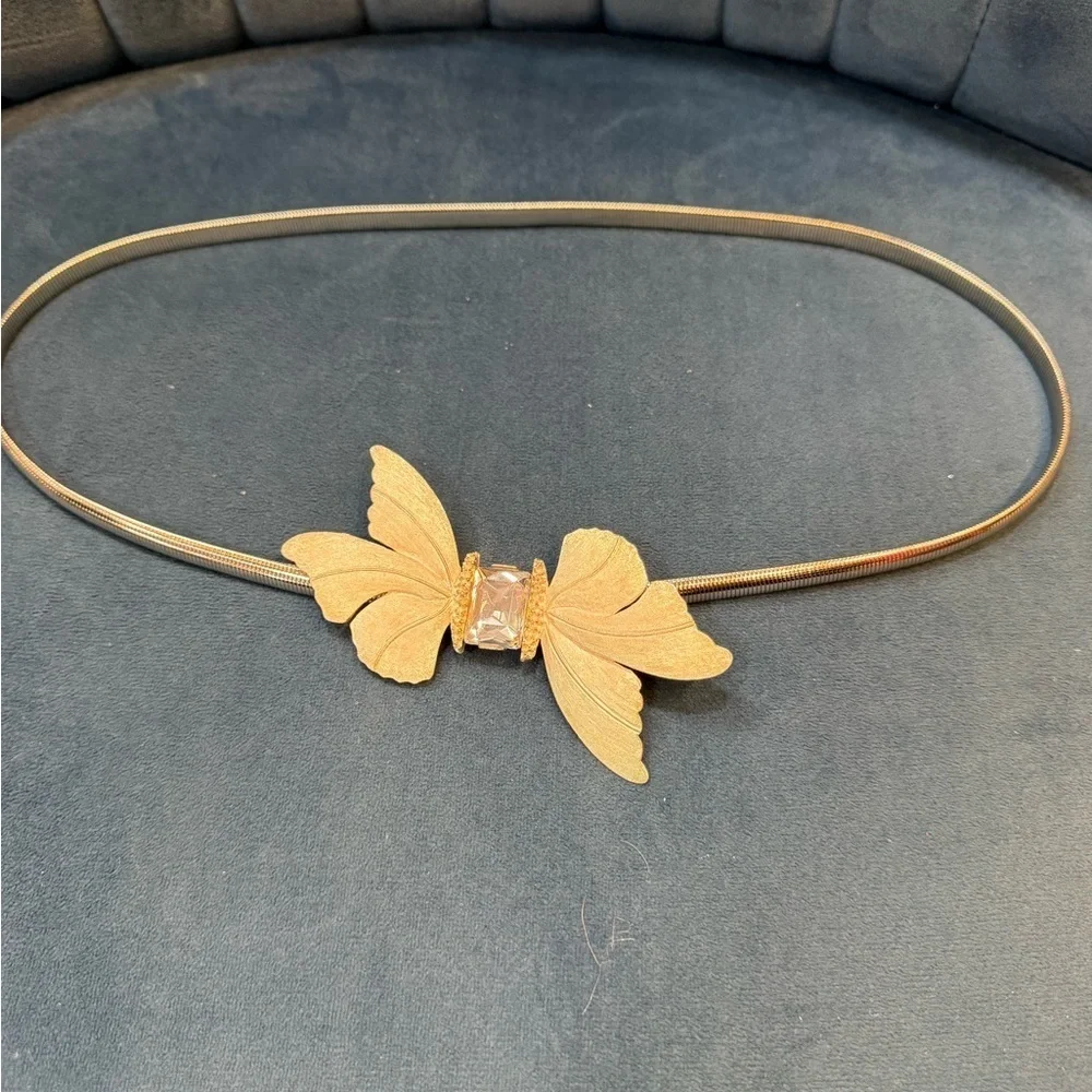 Silver Tone Butterfly Stretch Belt w Crystal Center | 27”